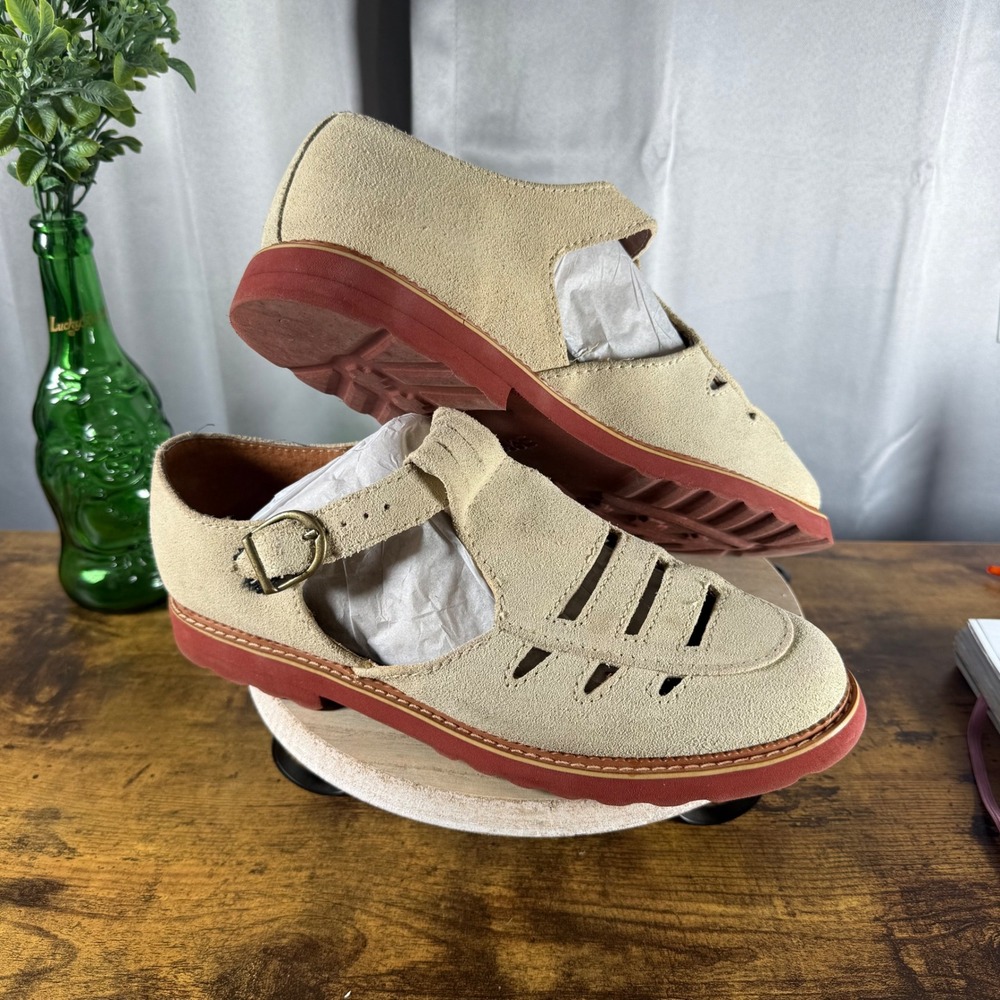 Esprit Balboa T-Strap Fisherman Style Oxfords 10 Tan Suede Red Sole Vtg 90s RAE